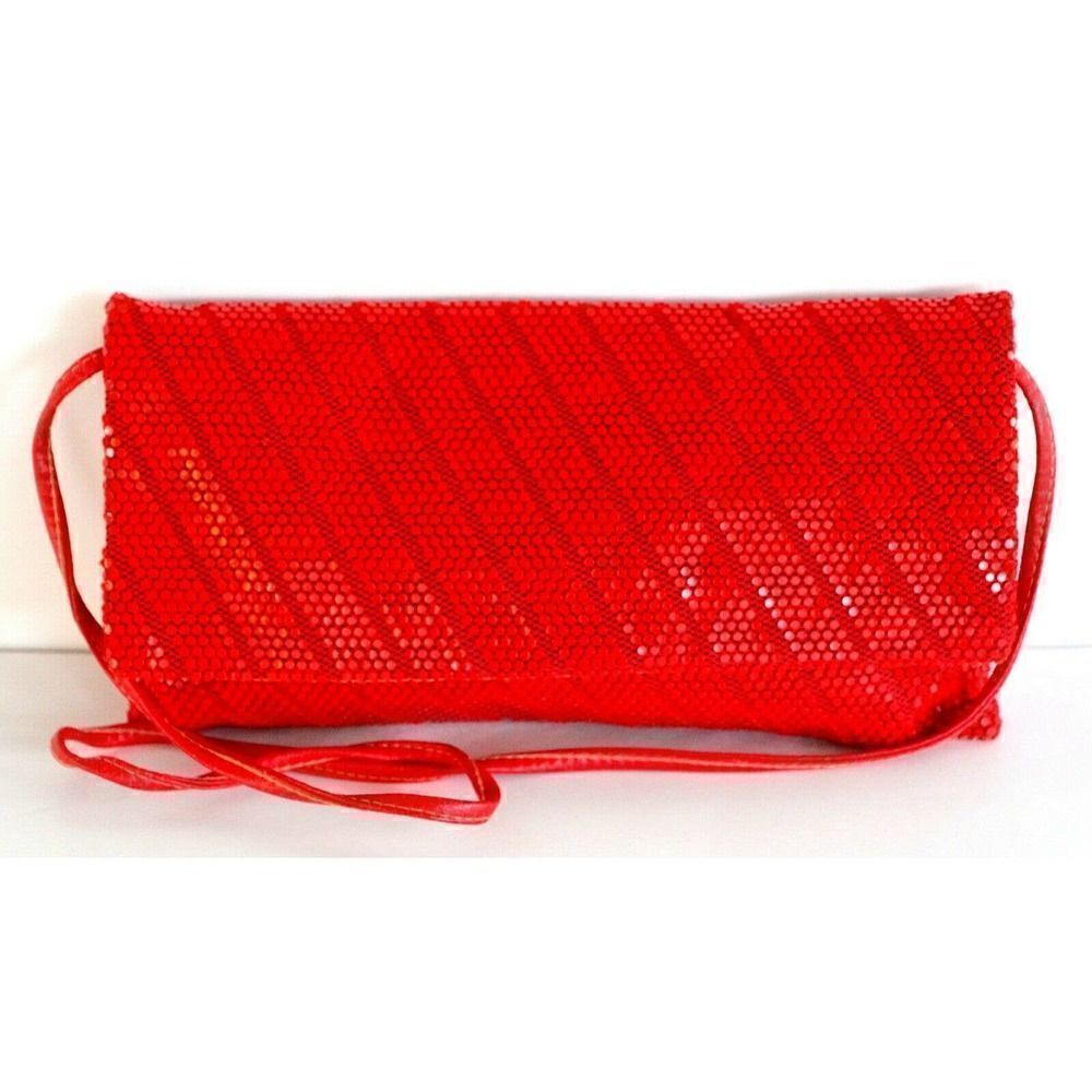 VTG RED MESH GENUINE LEATHER STRAP FLAP MIRROR INSIDE SHOULDER BAG PURSE CLUTCH